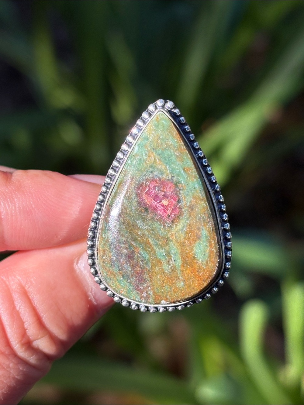 Handcrafted Teardrop Ruby Zoisite Gemstone Ring 925 Silver Plated Size 7.5